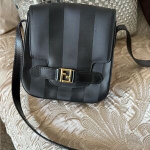Fendi Black Striped Crossbody with Gold F Logo
